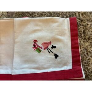 Set Of 4 FLAMINGO Santa Christmas Embroidered White Napkins Cotton Linen NWT New